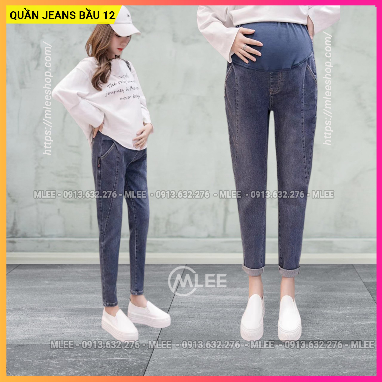 Quần jean bầu đẹp hàn quốc, quần bò bầu baggy, MLEE SHOP