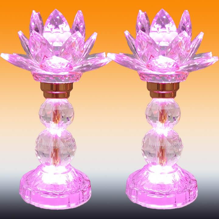 Đèn thờ đèn pha lê sáng đổi 7 màu_Đèn 2 cục bông sen cao 16cm