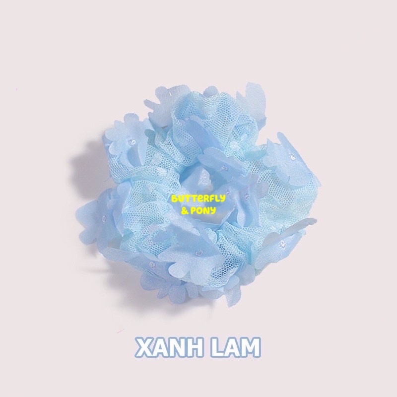 Cột Tóc Đính Hoa Xanh Navy, Trắng Scrunchies Vải