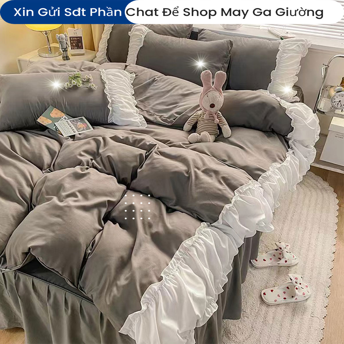 Bộ Chăn Ga Gối Cotton Tici Phối Bèo Cao Cấp Chuẩn Khách Sạn 5 Sao Bộ Chăn Drap Ga Gối Đệm Ra Nệm Trải Giường 5 Món