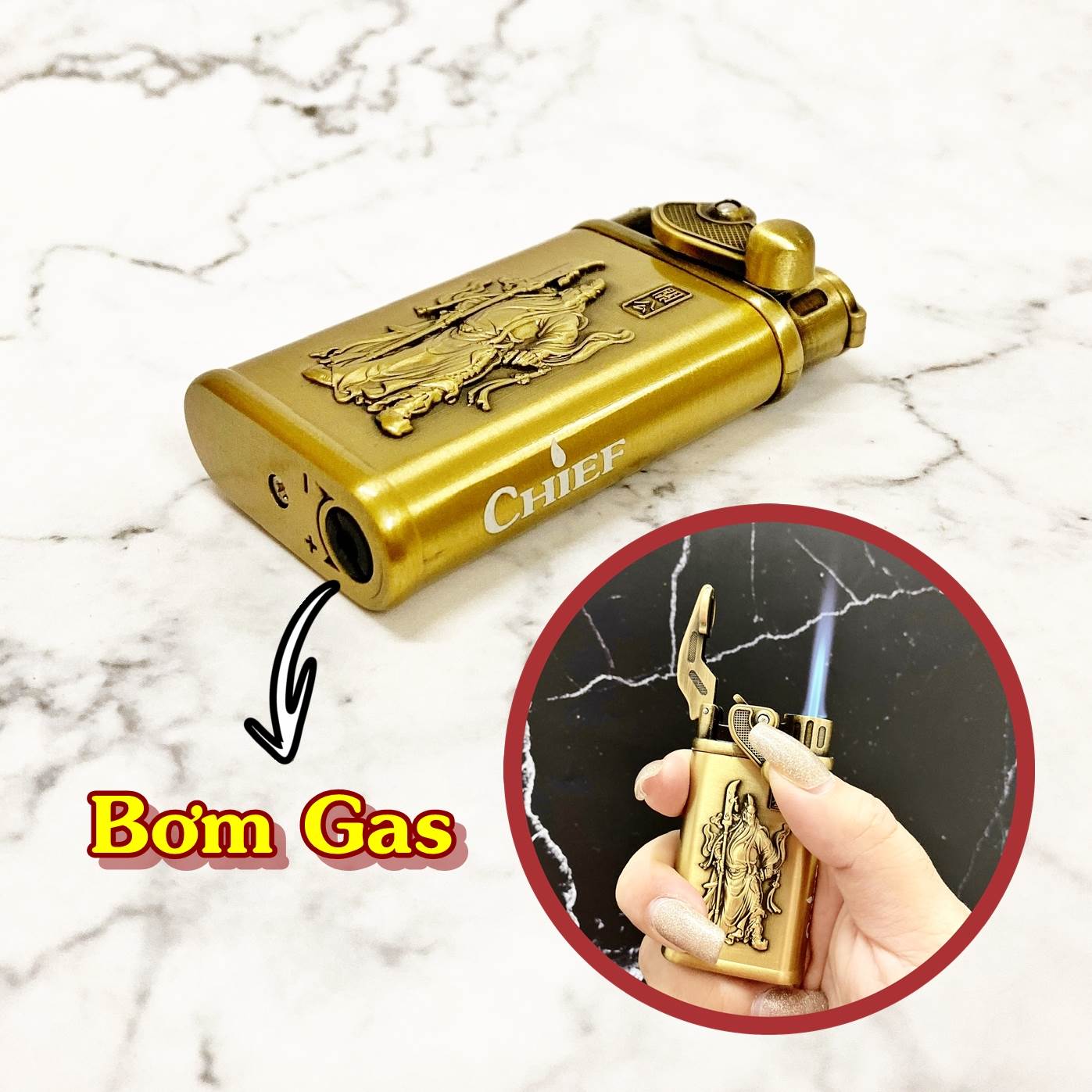 Hột quẹt bật lửa khè CHIEF búng tay đánh lửa khắc nổi hình quan công CF020 - xài gas
