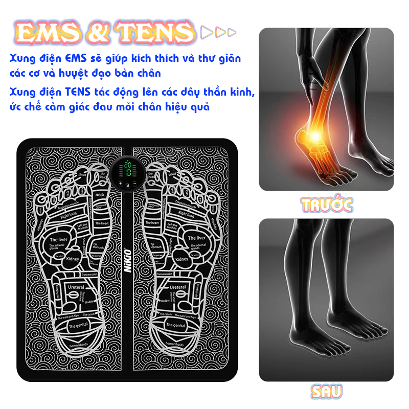 Thảm massage bàn chân xung điện Nikio NK-106 có 12 chế độ, 19 cường độ matxa, thúc đẩy lưu thông máu, giảm tê bì và đau mỏi chân hiệu quả