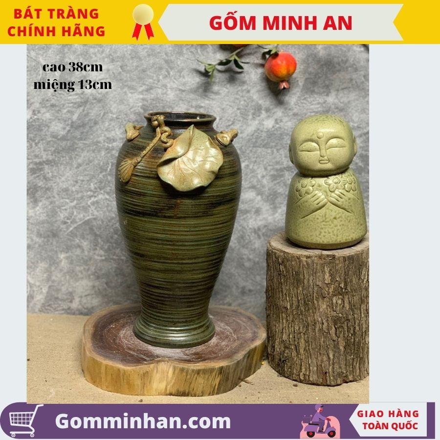 Bình Hoa Lọ Hoa Bát Tràng Men Mộc Dáng Cao Đùi Dế Đắp Sen- Gốm Sứ Bát Tràng- Gốm Minh An- Lọ Hoa Đẹp