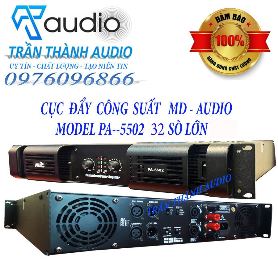 Cục đẩy công suất 2 kênh MD PA-5502 - 32 sò lớn  công suất 1600W đánh Full bass 40 hàng chính hãng CMAUDIO nhập khẩu 2024 tặng kèm jac kết nối