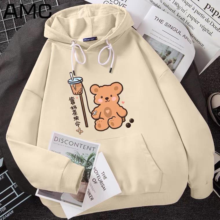 ÁO HOODIE NỮ IN GẤU TRÀ SỮA