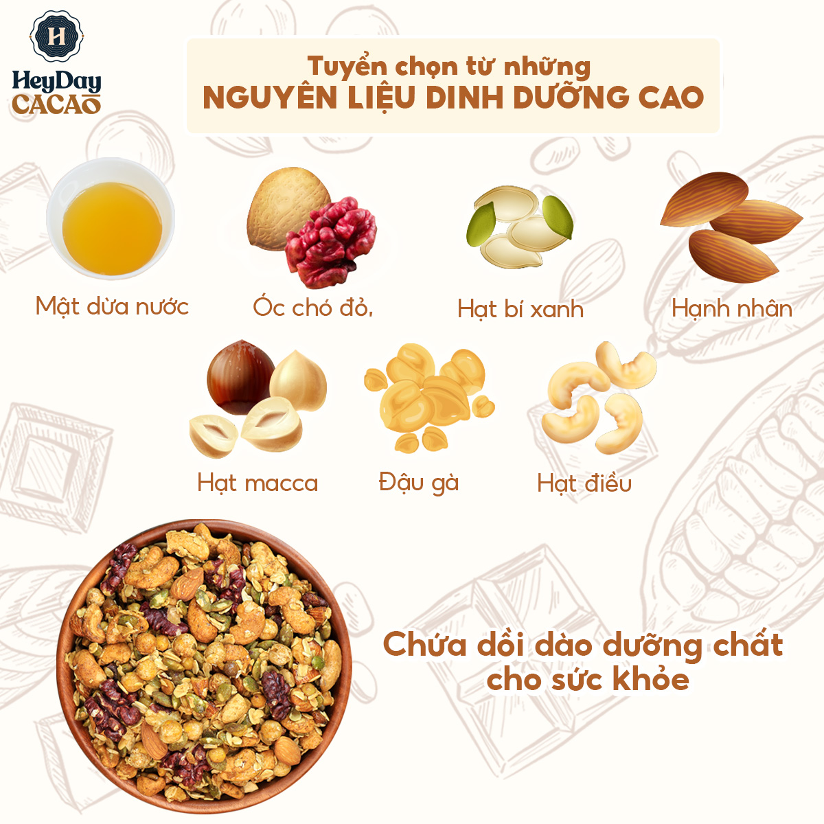 Granola nướng giòn tan - Dùng mật dừa nước, 0 trái cây sấy, GI thấp - Hạt ngũ cốc giảm cân - HeydayCacao