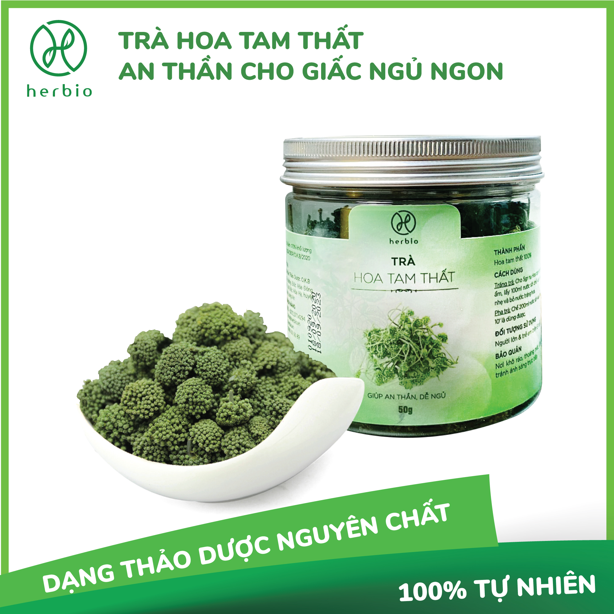 Trà thảo mộc nụ hoa Tam Thất Herbio - giúp an thần, giải tỏa căng thẳng, giảm mệt mỏi, tạo giấc ngủ sâu - hộp 50g