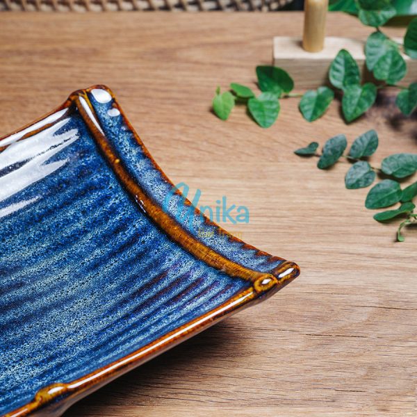 Khay nan mmen xanh sóng biển 4 size - Đĩa hình nan men xanh hỏa biến - Gốm sứ Bát Tràng