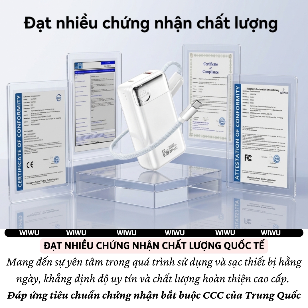 Pin sạc dự phòng PD 3.0 65W tích hợp dây sạc Type-C 12000Mah WIWU PowerPlus Sạc Nhanh cho iPhone Laptop MacBook Android - Màn hình hiển thị pin kỹ thuật số, Hệ thống bảo vệ đa tầng an toàn - hàng nhập khẩu