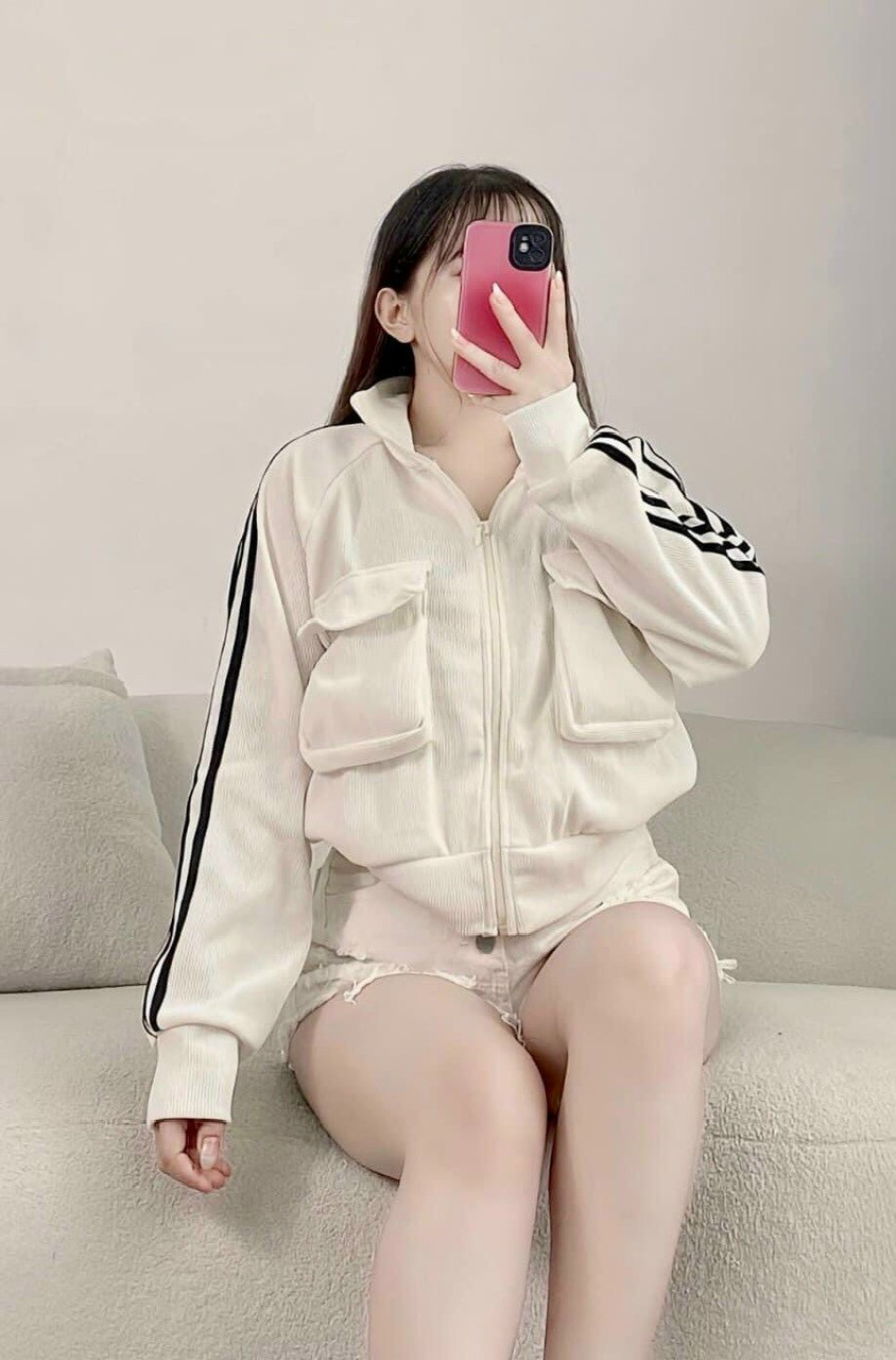 [Freship] Áo Khoác Nữ Len Nhung Gân Túi Trước Sành Điệu Cổ Cao Chạy Viền 3 Sọc Cánh Tay Hót Trend Shop Thời Trang, Áo Khoác Nhung Gân Túi Đắp Cao Cấp (7 túi dây kéo) - Hàng mới về