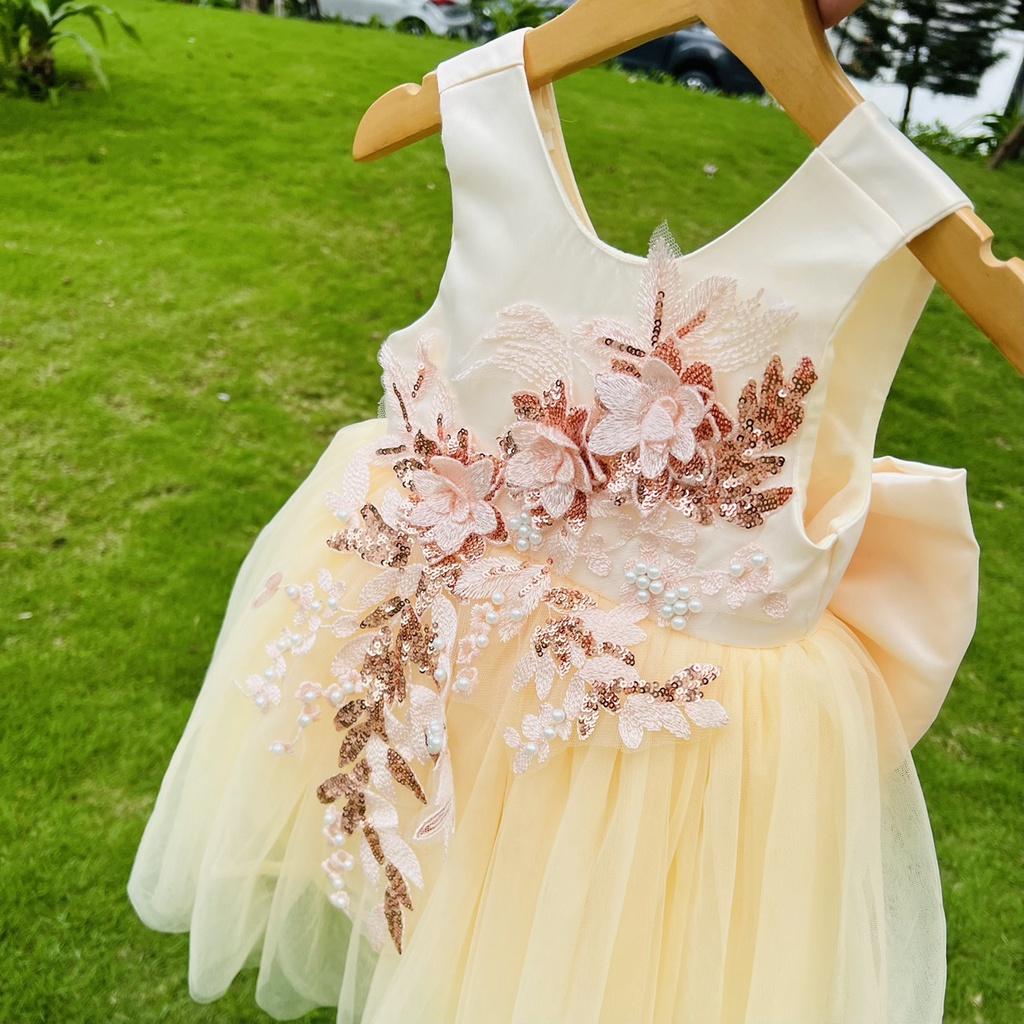 Váy công chúa, đầm công chúa thiết kế màu vàng đính hoa cực kỳ sang chảnh cho bé gái từ 1 đến 10 tuổi của Mom's Choice