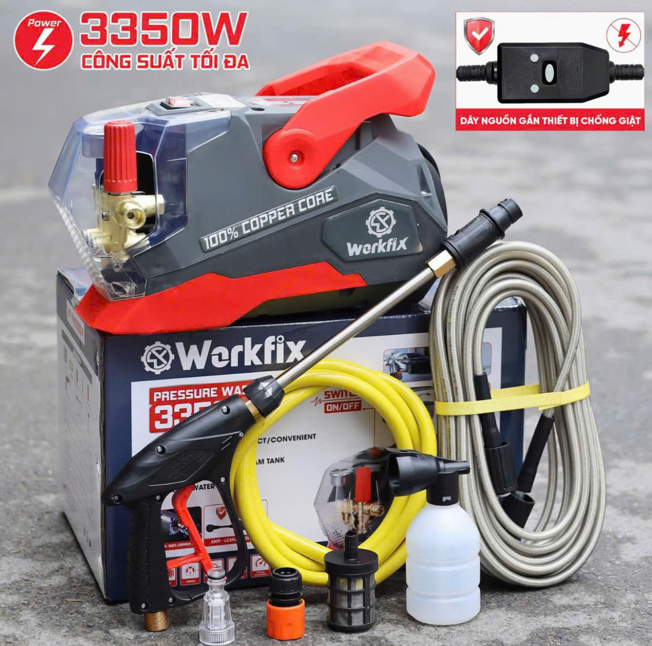 Máy rửa xe công suất lớn WOKFIX WF-PW3350W, Công suất 3350w 200bar, Có chỉnh áp, Động cơ dây đồng