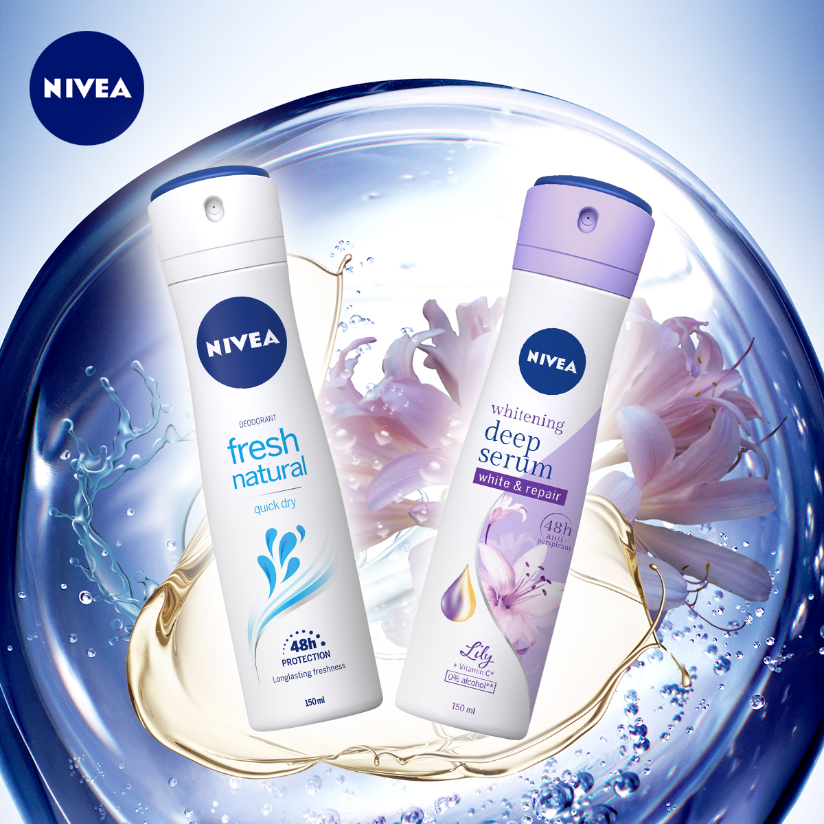 Bộ đôi Xịt Ngăn Mùi NIVEA Fresh Nature Tươi Mát Tự Nhiên (150ml) - 81601 &amp; Xịt Ngăn Mùi Nivea Serum Trắng Mịn Hương Hoa Lily (150ml) 85312