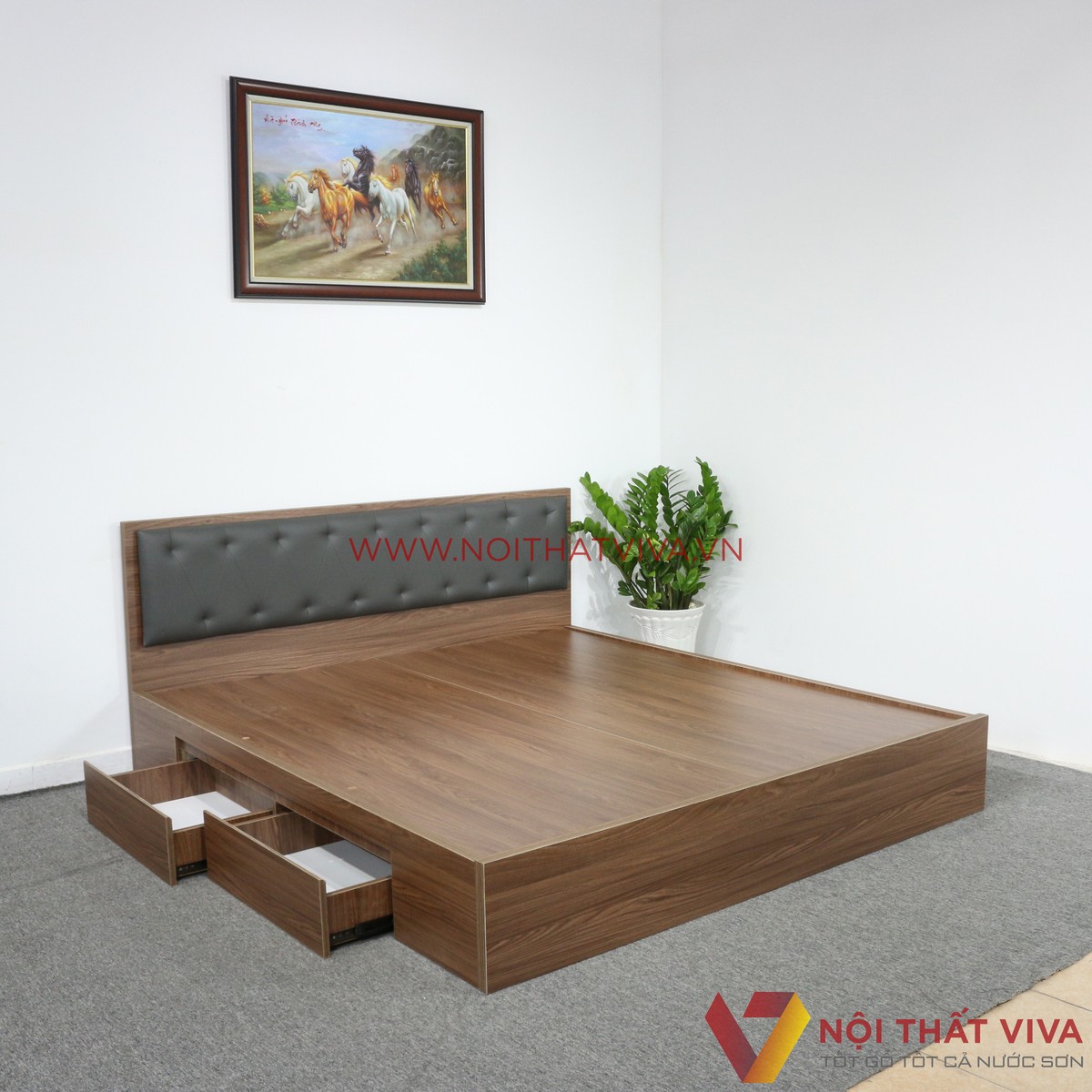 Giường Ngủ Gỗ MDF Phủ Melamine Bọc Nệm Xanh Đậm Có Ngăn Kéo Màu Óc Chó