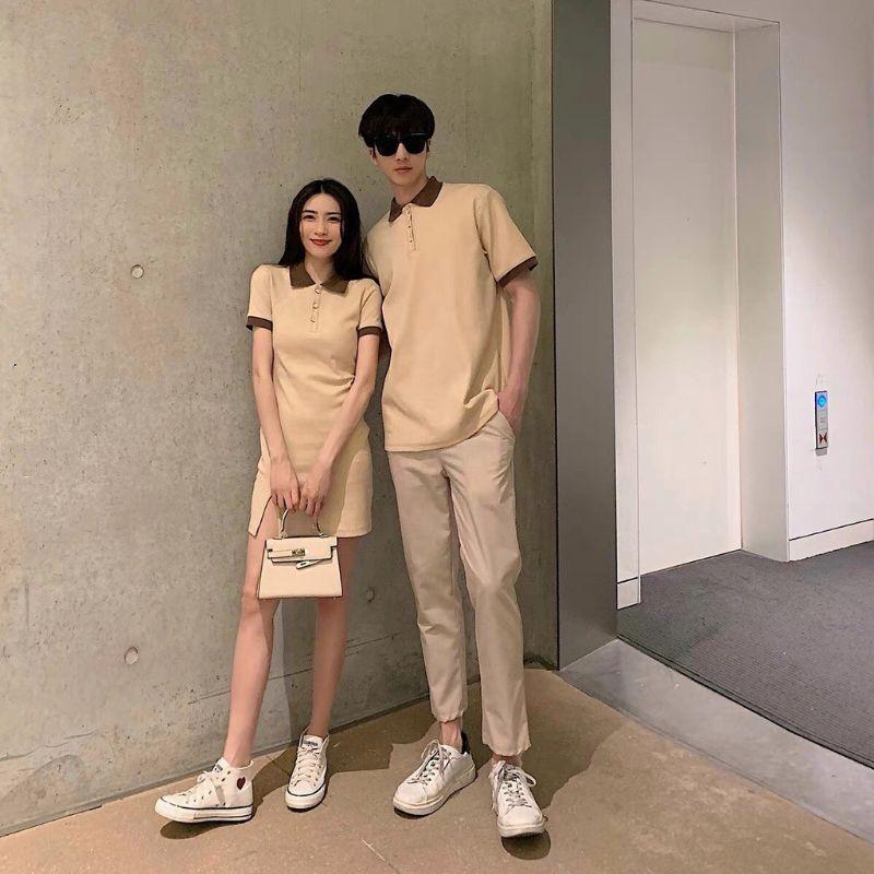 Váy thun đôi nam nữ polo cổ bẻ trang trí