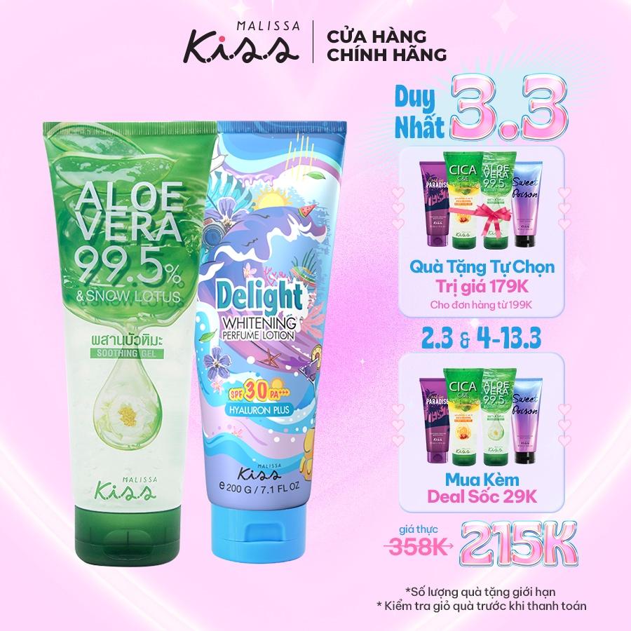 Bộ đôi Dưỡng Ẩm Chống Nắng Hương Nước Hoa Malissa Kiss SPF30 Pa+++ Delight và Gel Aloe Vera 99.5% Nha đam, sen tuyết