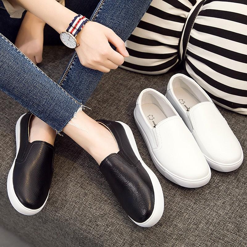 Slip on nữ da bò - Giày lười da nữ dáng classic - Chất liệu bò màu (đen) và (trắng) - Mã SP 301