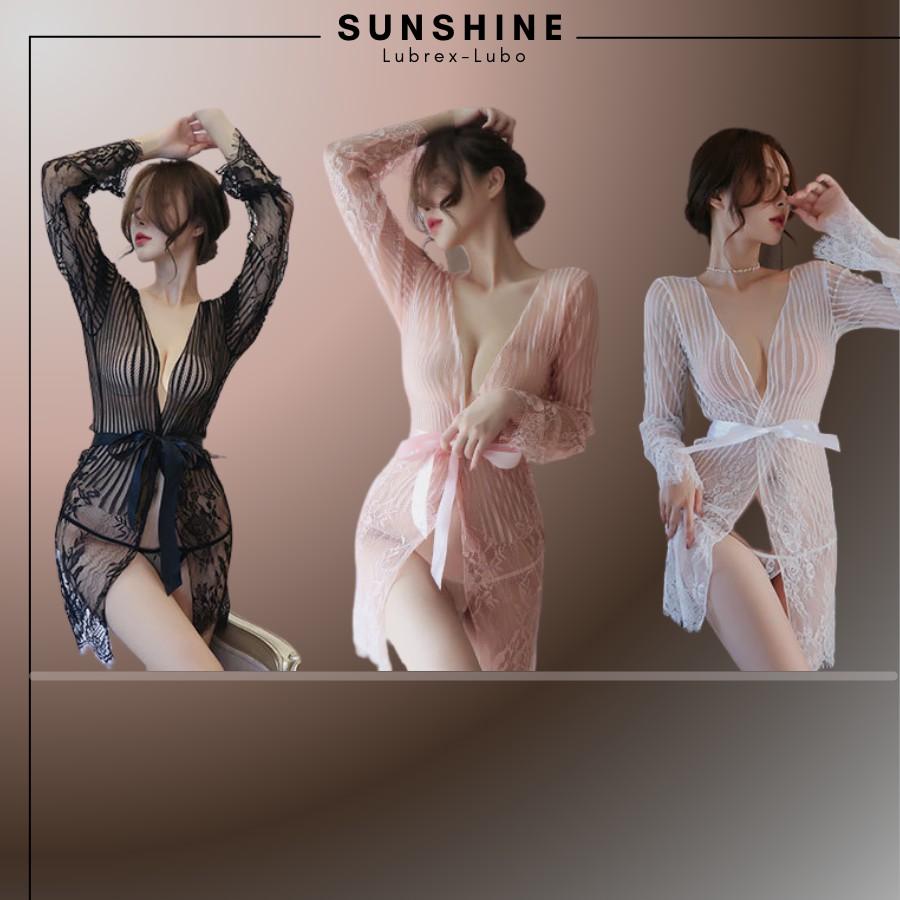 Áo choàng kimono Voan mỏng phối ren cao cấp kẻ sọc màu đen SUNSHINE LUBREX-LUBO -SOC1066