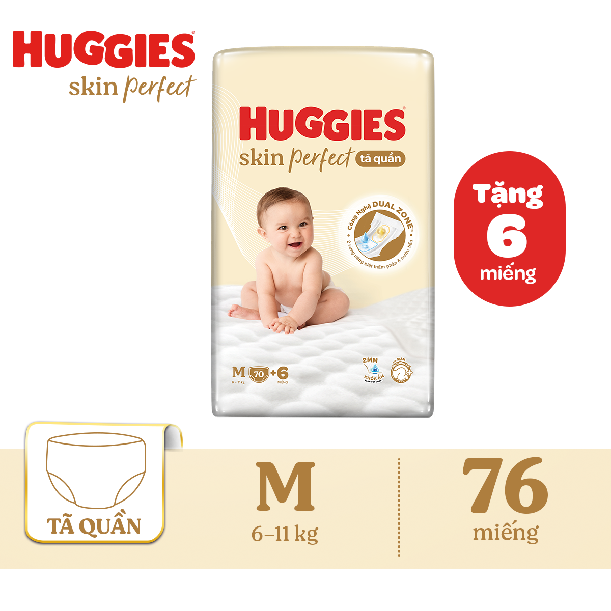 Tã quần Huggies Skin Perfect M Super Jumbo 70+6 miếng với 2 vùng thấm giảm kích ứng da