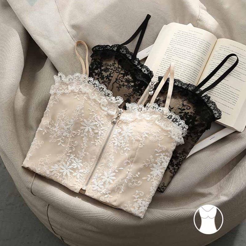 Áo corset - áo bra nữa có gọng và mút kéo khóa, ren phối họa tiết sexy Cao Cấp