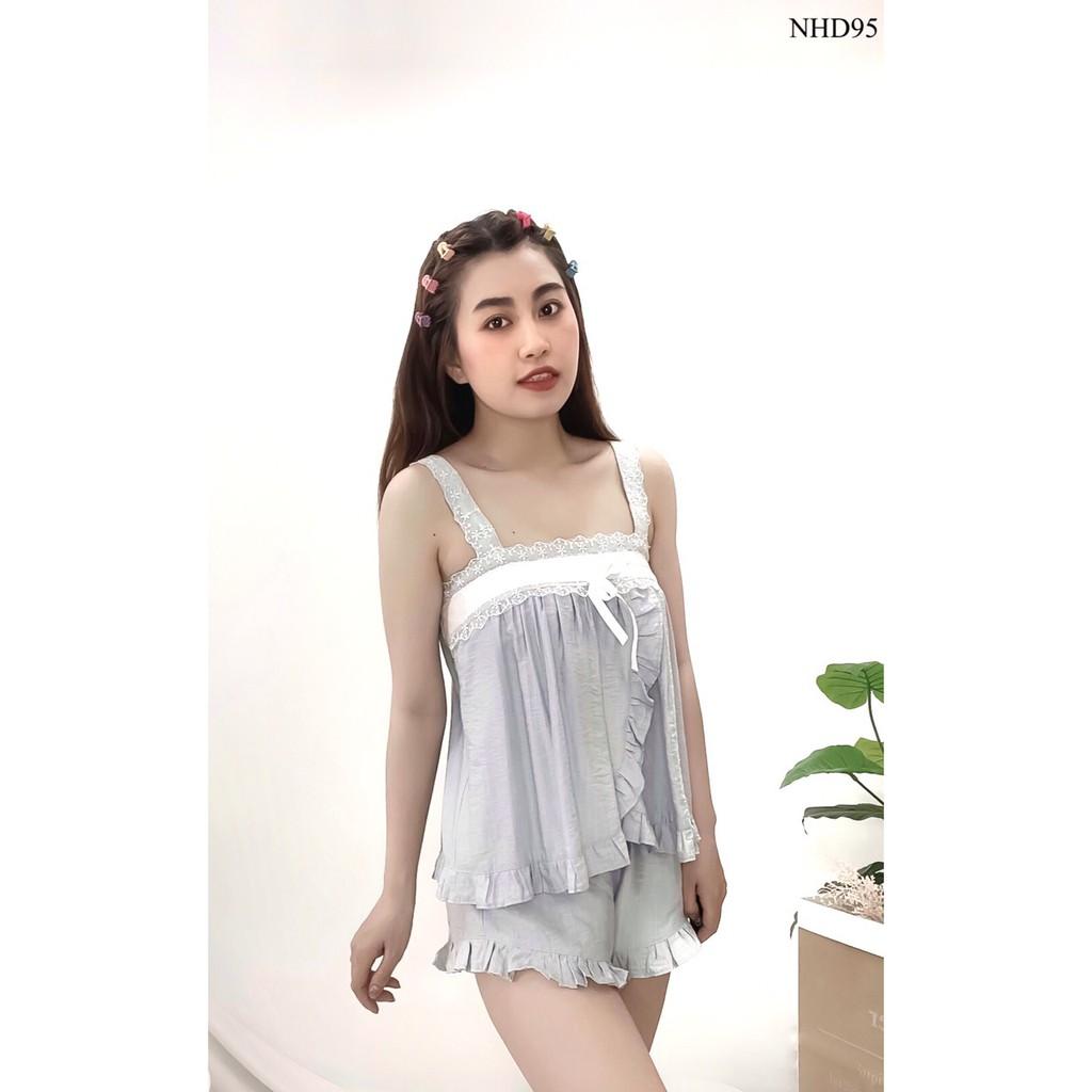 Set Bộ Nữ NHIHOUSE71 Áo Hai Vai Ren Bản Lá Đắp Quần Ngắn Lai Bèo Vải Xước Gân Bụi Cá Tính 45 - 57 Kg