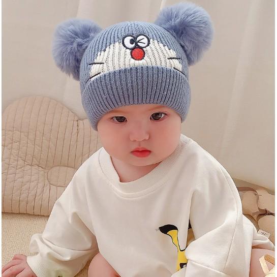 Mũ len hai quả bông hình chú mèo mèo Đô cho bé