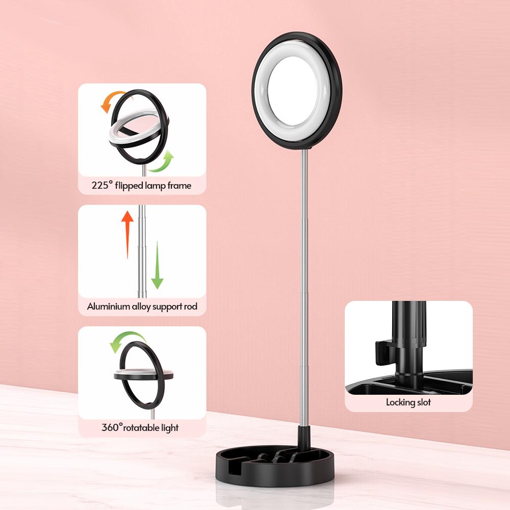 Đèn tự sướng hình tròn di động ánh sáng lấp đầy với gương trang điểm có giá đỡ điện thoại đế tròn 3 màu