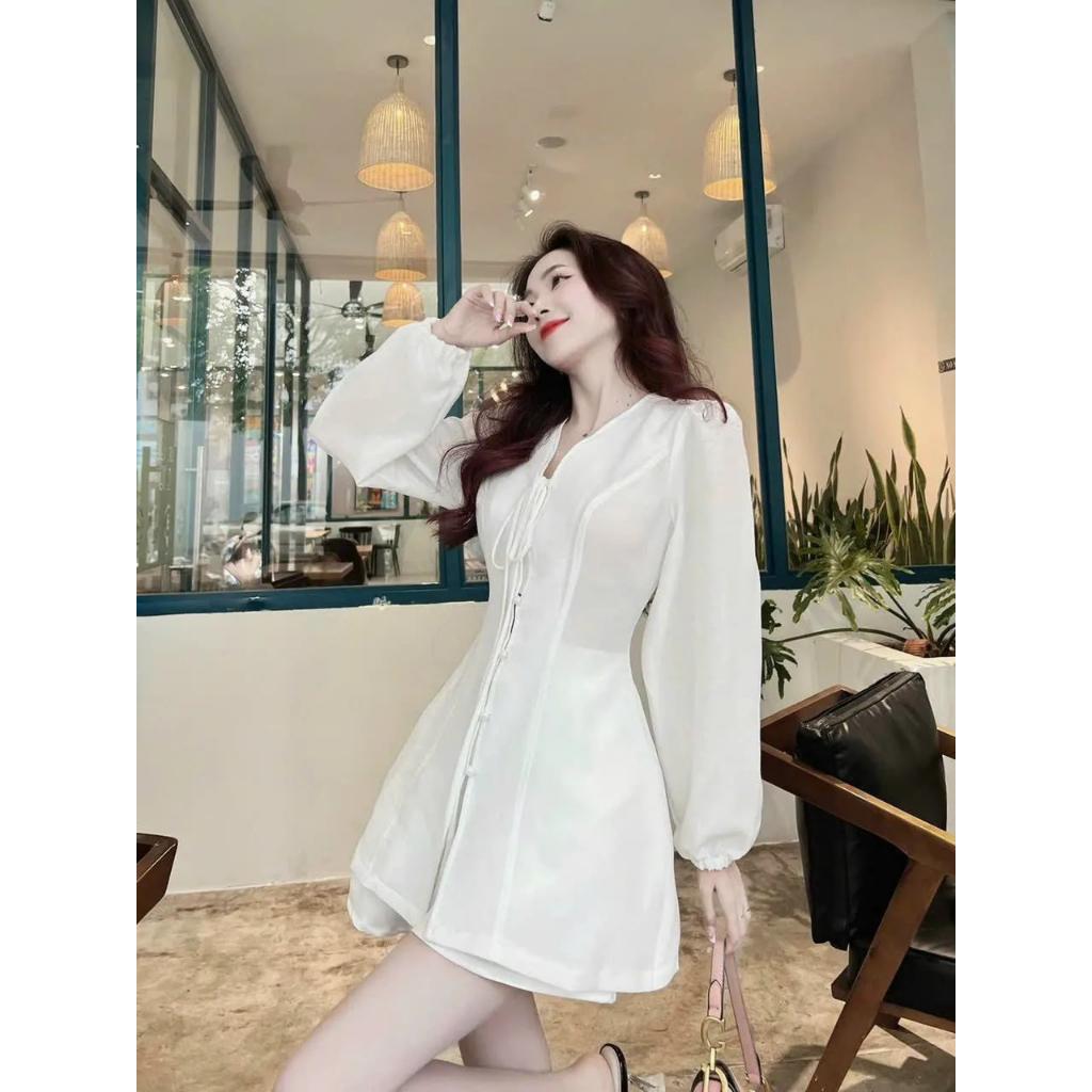 Set Bộ Đùi Cotton lạnh thời trang nữ tay dài mặc đi chơi cổ V tiểu thư cột dây tay phồng màu trắng
