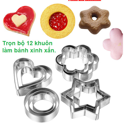 Bộ 12 Khuôn làm bánh, khuôn tạo hình bánh Cookie kiểu dáng đáng yêu hình ngôi sao, trái tim, bông hoa và vòng tròn xinh xắn GD230-KhuonBanh