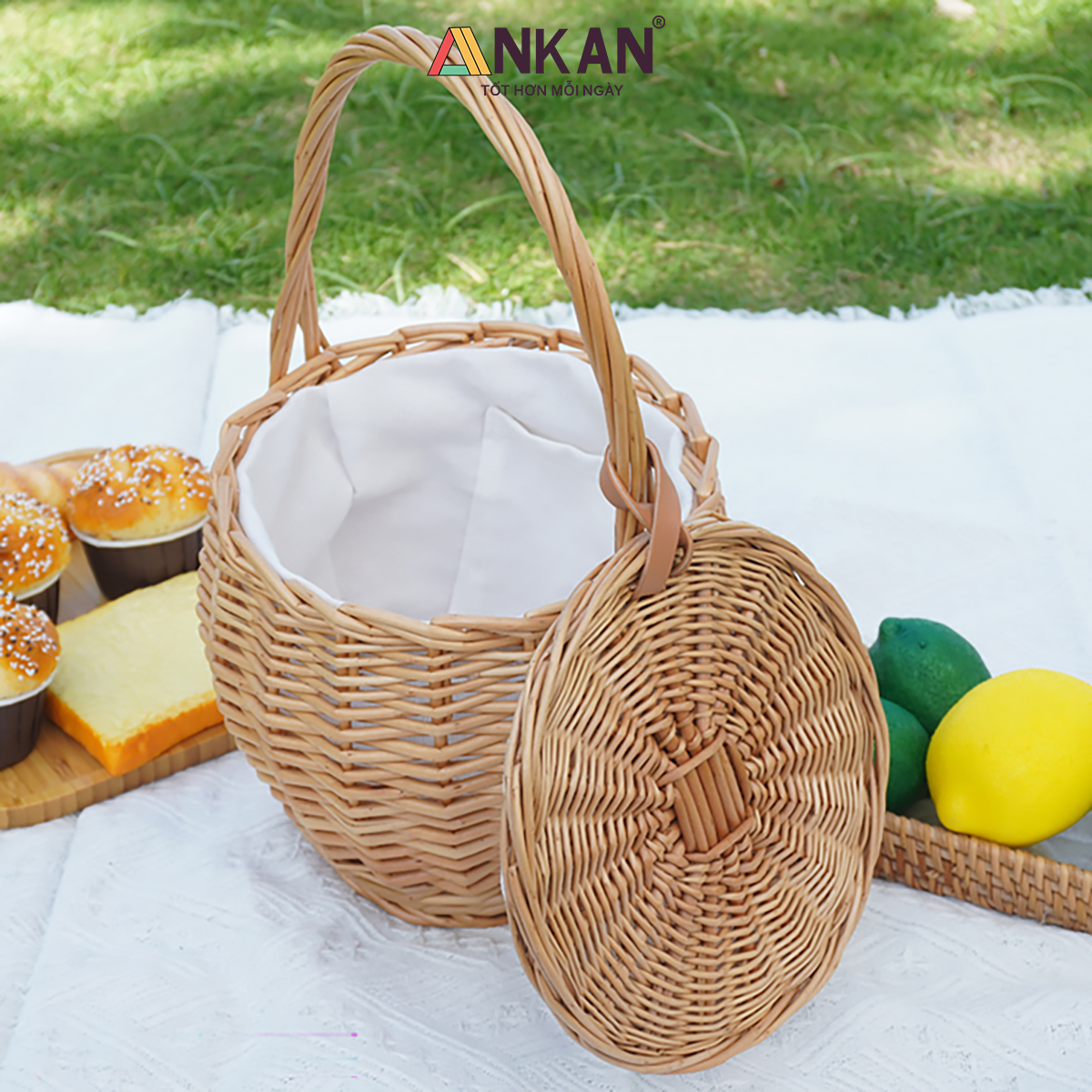Giỏ Mây Picnic Có Nắp Quai Xách Vintage - Giỏ Mây Tre Đan Thủ Công Cao Cấp Đựng Đồ Ăn, Decor Chụp Ảnh Dã Ngoại