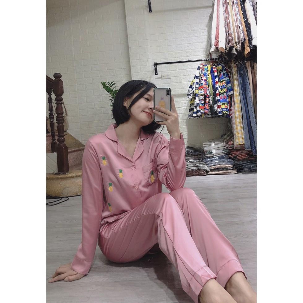 Bộ ngủ lụa Pijama mặc ở nhà họa tiết dứa nhí chất lụa Satin ( Ảnh chụp thật 100%)