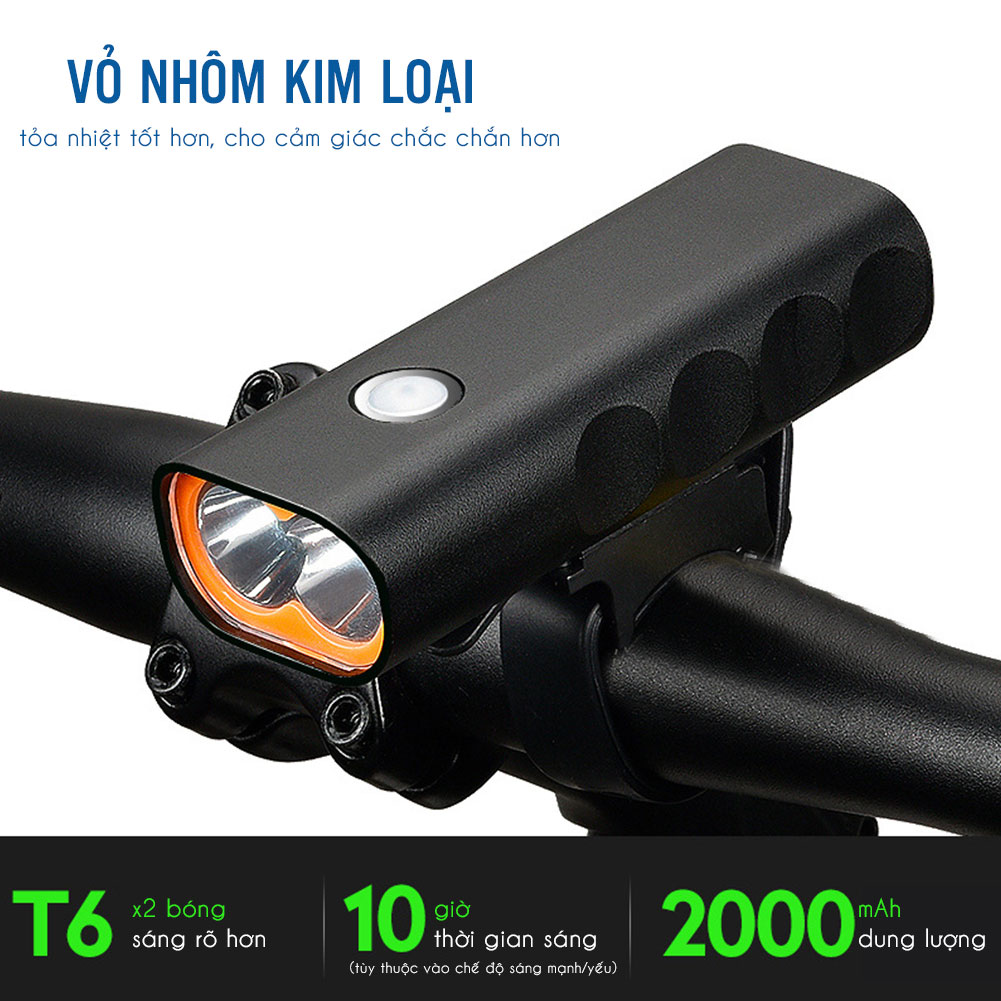 Đèn Xe Đạp Mini Nhỏ Gọn 2 Bóng LED T6 Độ Sáng Cao Vỏ Nhôm Chống Nước Dung Lượng Pin 2000mAh Sạc Điện Mai Lee