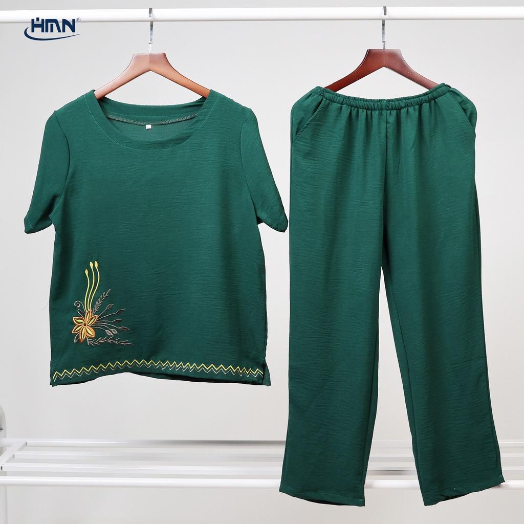 Set đồ bộ trung niên nữ áo thun tay ngắn thêu hoa phối viền và quần Dài/lửng vải đũi linen mềm mịn - HMN Fashion