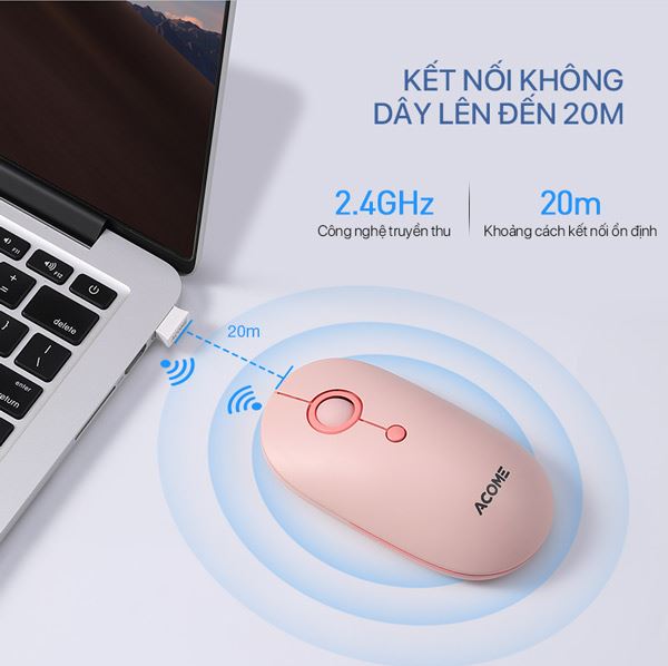 Chuột máy tính không dây ACOME AM300 2.4GHz Tĩnh Âm (Silent) Pink - Hàng chính hãng bảo hành 12T