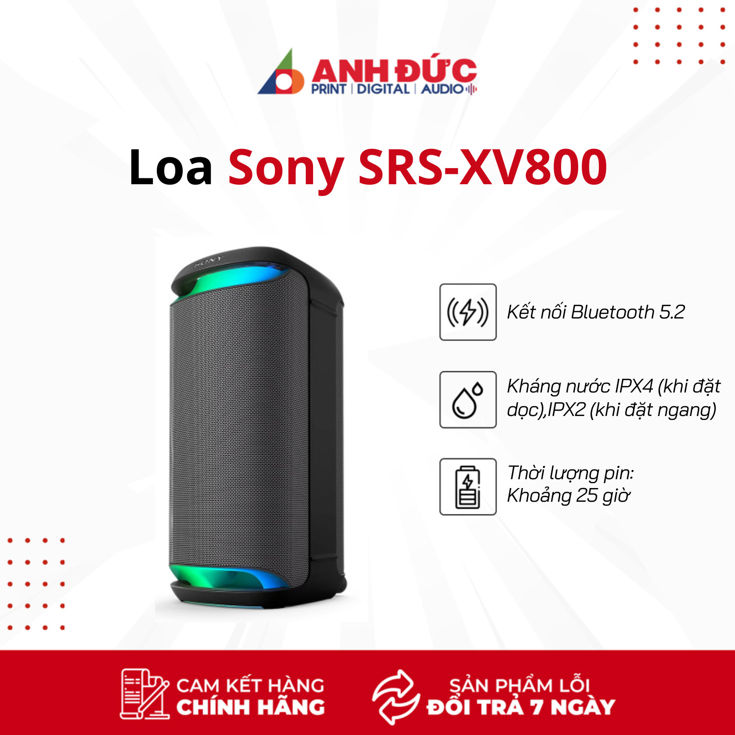 Loa Karaoke Di Động Sony SRS-XV800 (Kháng Nước IPX4, Pin 25h) - Hàng Chính Hãng