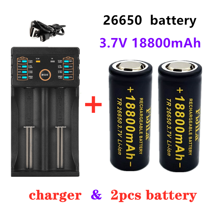 2022 Pin 26650 chất lượng cao mới 18800mAh 3.7V 50A có thể sạc lại lithium ion cho đèn pin LED + bộ sạc Điện áp danh định: 3.7V