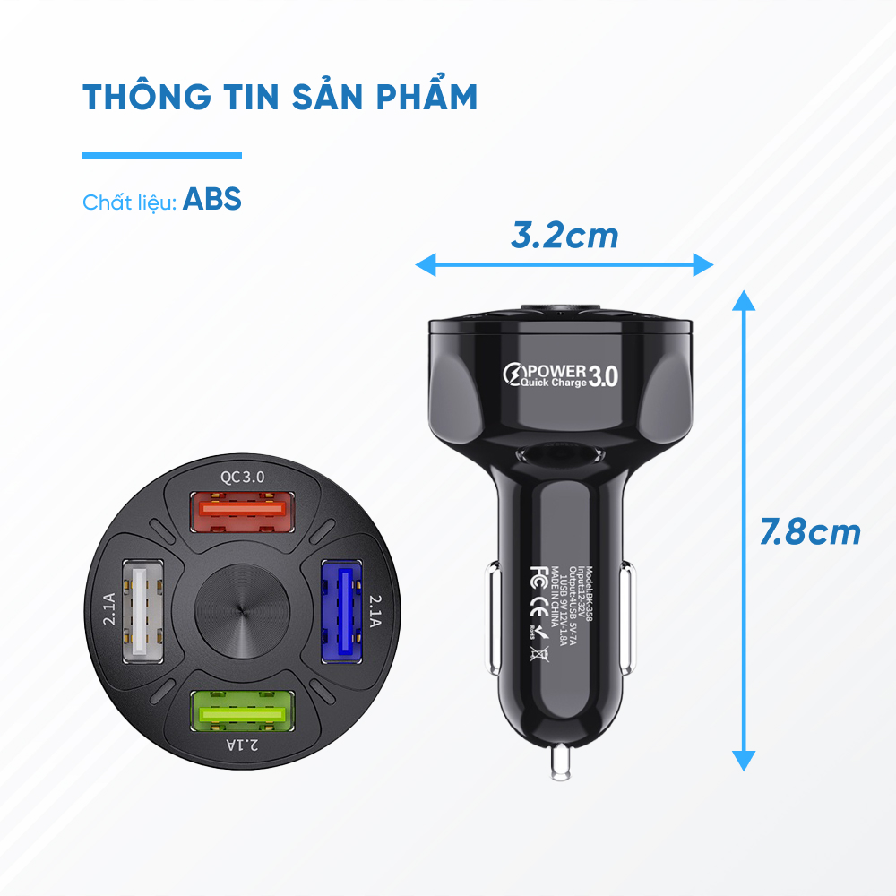 Tẩu Sạc Xe Ô Tô 4 Cổng USB Công Nghệ Sạc Nhanh QC 3.0A | Tẩu Sạc Điện Thoại Dùng Trên Xe Ô Tô 4 Cổng USB Sạc Được Nhiều Thiết Bị Cùng Lúc, Hỗ Trợ Sạc Nhanh QC 3.0A 