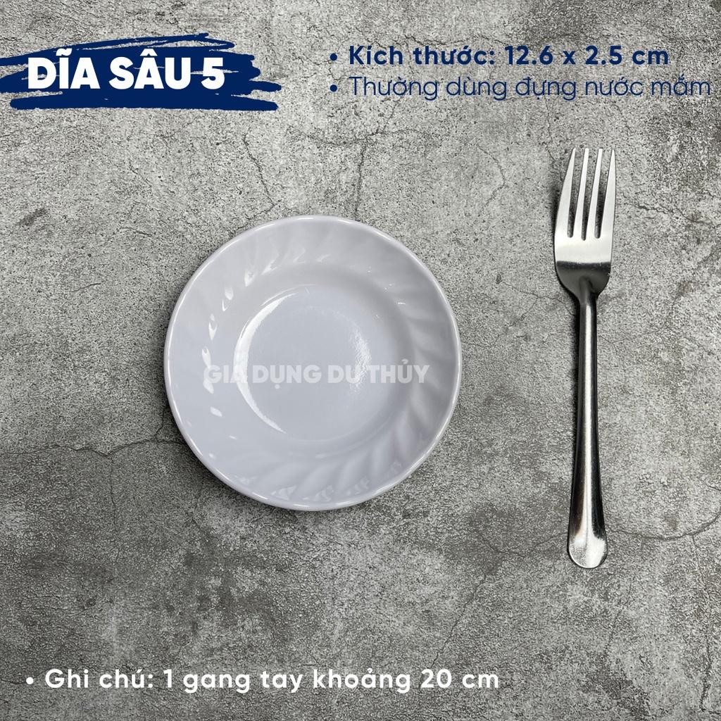 Dĩa Nhựa Melamine Đáy Sâu Màu Trắng, Vàng, Xanh, Bông Xanh, Bông Đỏ Chất Liệu Nhựa Phíp