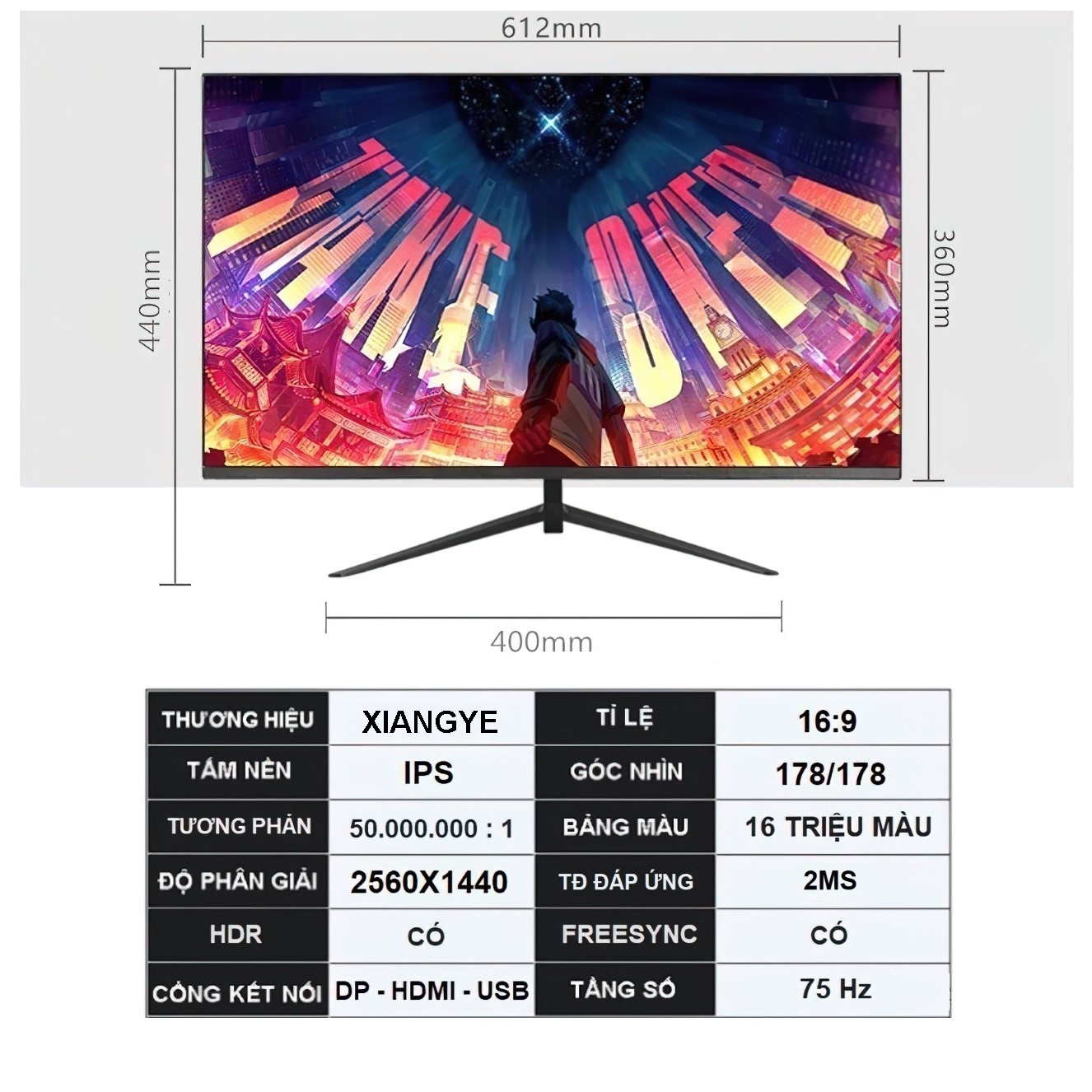 Màn Hình Máy Tính 27 inch QHD 2K (2560 x 1440) 75hz Hunting Crown - hàng nhập khẩu