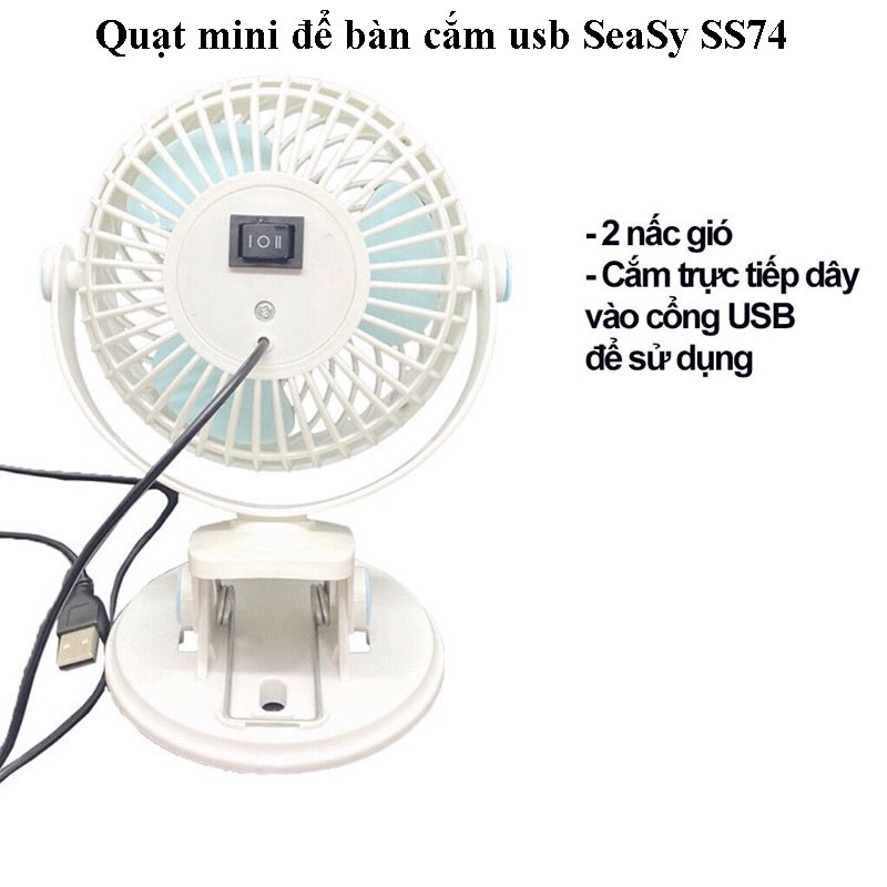 Quạt Mini Để Bàn, Quạt Tích Điện USB Cầm Tay, Quạt Kẹp Bàn Đa Năng SeaSy SS74, 3 Cấp Độ Gió Cực Mát, Điều Chỉnh Hướng Gió 720 Độ, Không Gây Tiếng Ồn, Pin Dung Lượng Lớn, Sử Dụng Trong Nhiều Giờ – Hàng Chính Hãng