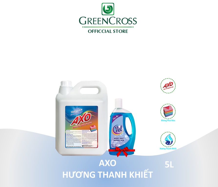 NƯỚC TẨY GIỮ MÀU AXO THANH KHIẾT 5L (DÀNH CHO DA NHẠY CẢM) - TẶNG THÊM 1 CHAI NƯỚC GIẶT VEL 950ML