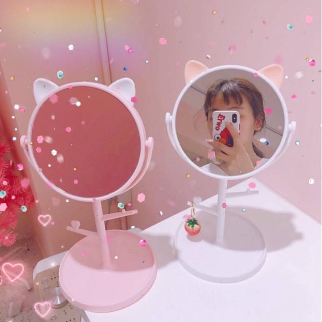Gương trang điểm tai mèo xoay 360 độ để bàn