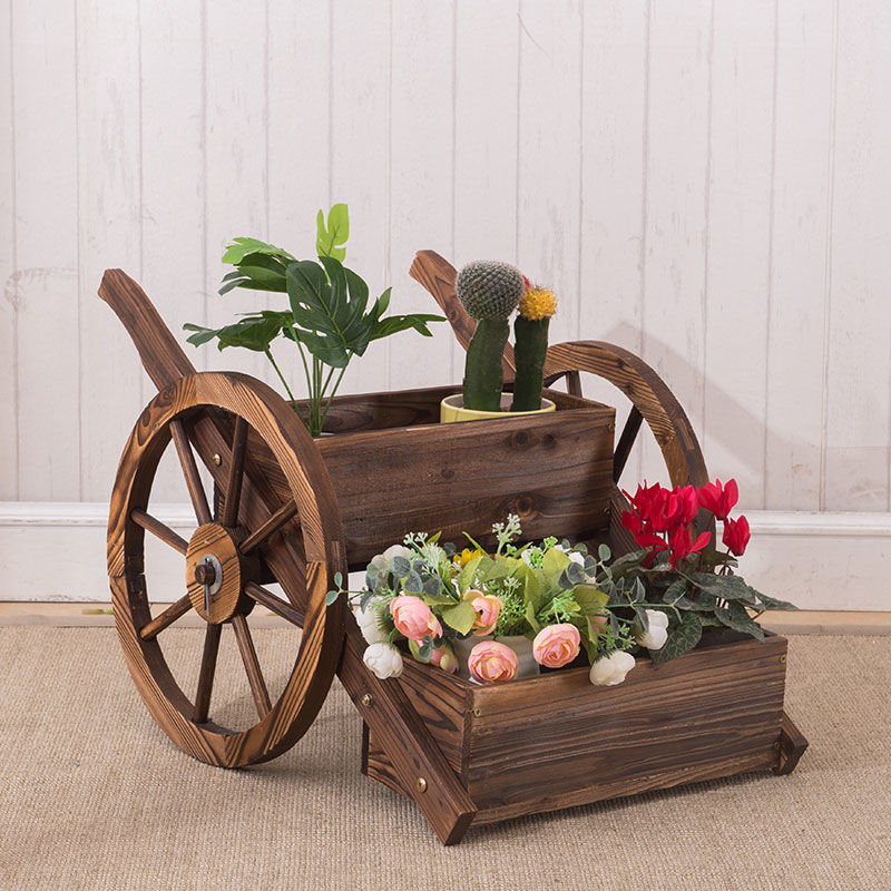 Kệ để chậu hoa cây cảnh ngoài trời 2 tầng kiểu dáng xe đẩy có thể đặt được nhiều lại chậu cây khác nhau kệ trồng cây ngoài trời bằng gỗ thông cao cấp - kệ gỗ Keria KG07