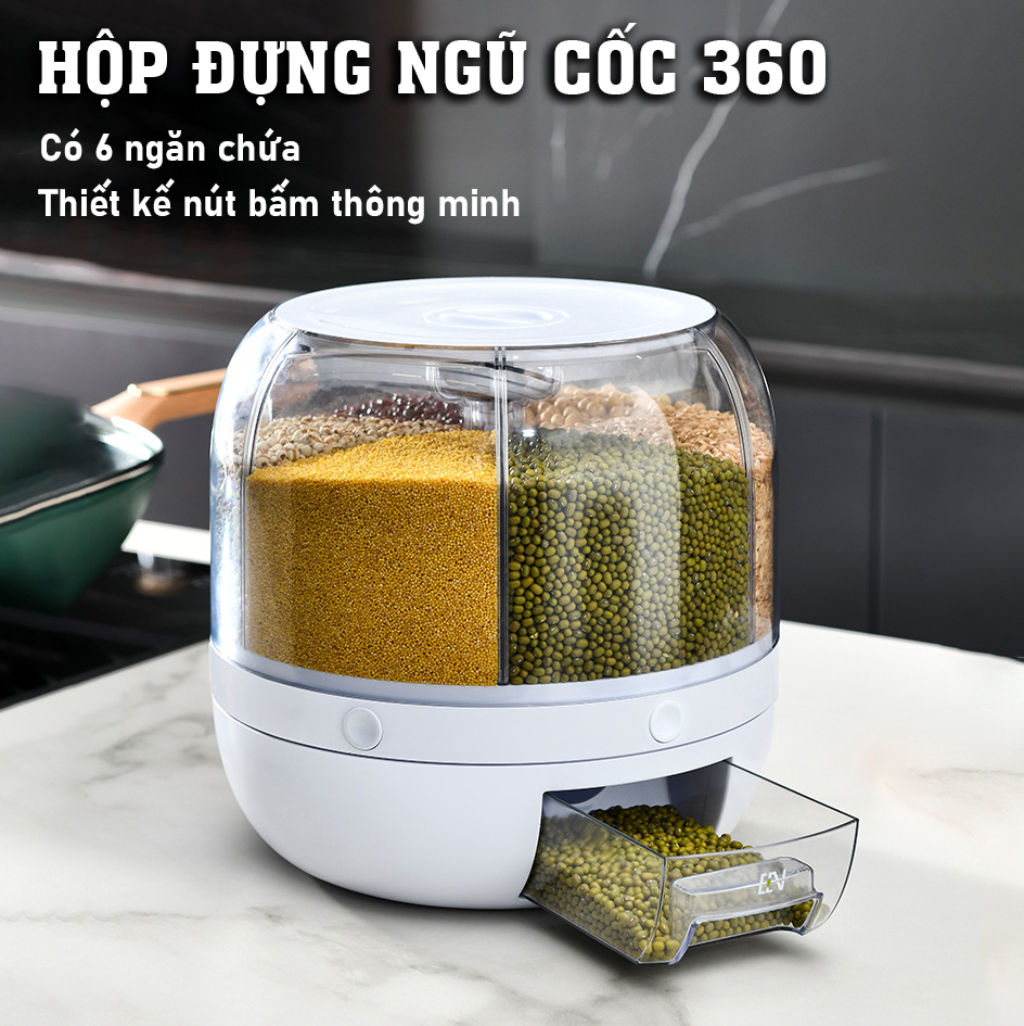 Hộp Đựng Ngũ Cốc Xoay 360 6 ngăn có nút bấm thông minh - K1698