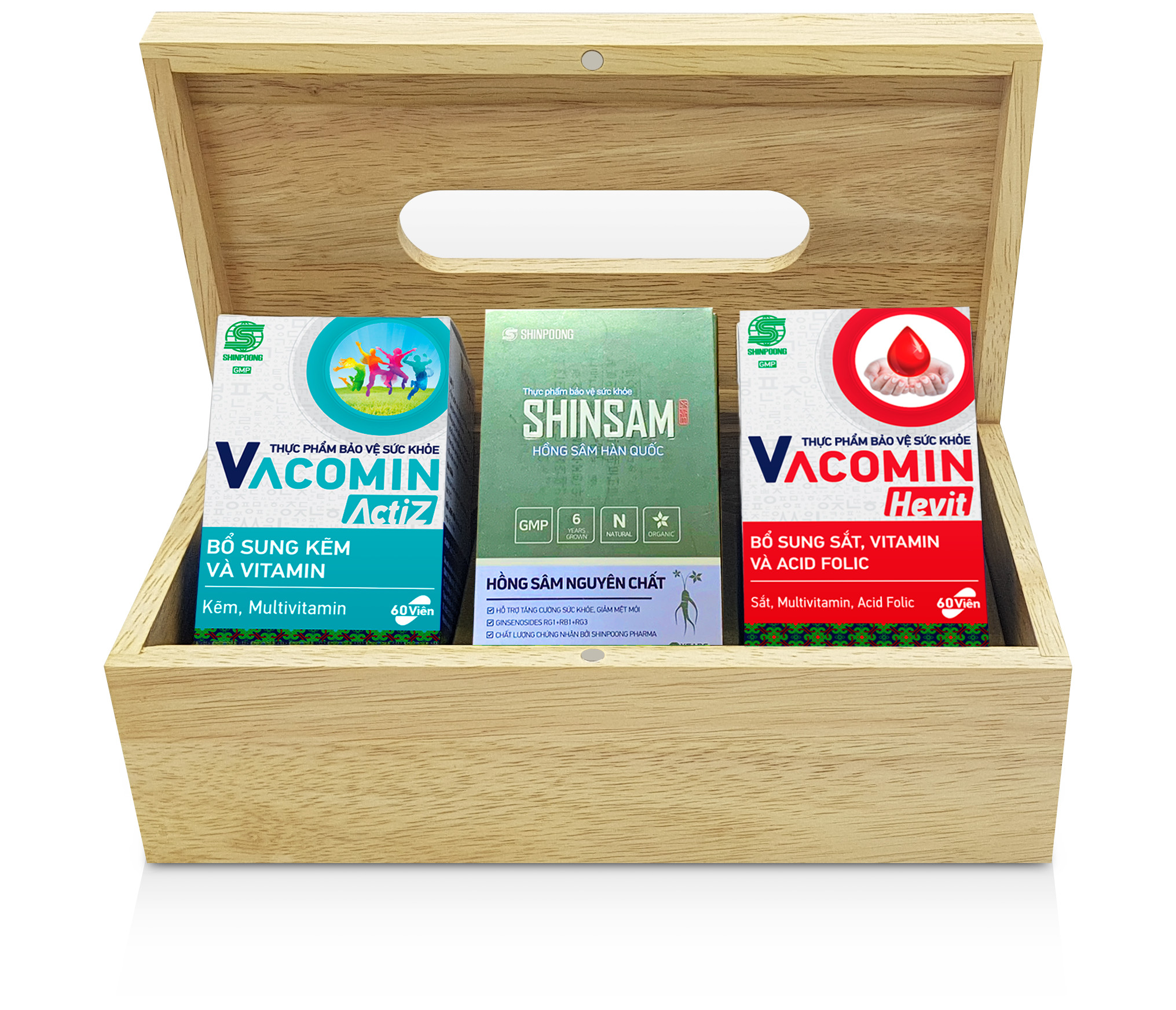 Combo 03 Vacomin Actiz + Vacomin Hevit  + Hồng sâm SHINSAM + Free 1 wooden box