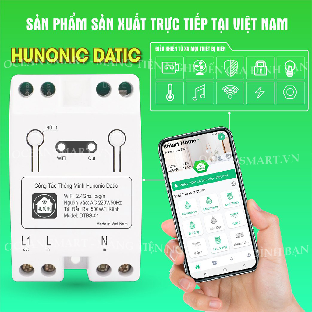 Công Tắc Cảm Ứng Wifi Thông Minh Hunonic, Giá Rẻ, Hẹn Giờ, Điều Khiển Từ Xa Qua Điện Thoại