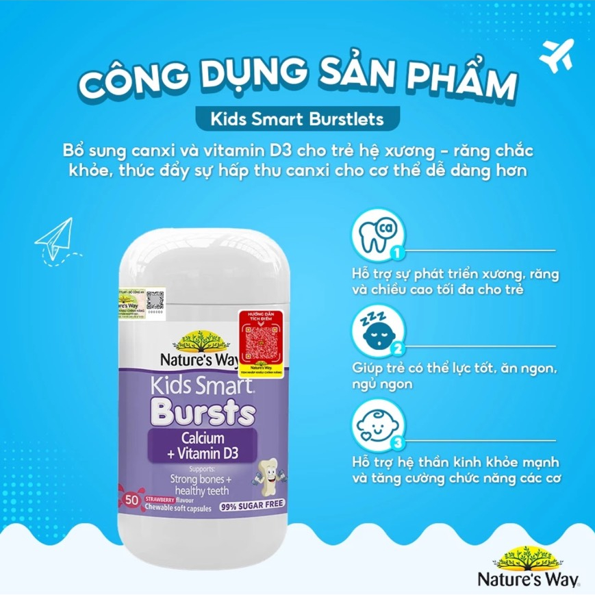 Viên nhai bổ sung canxi cho bé Nature’s Way Kids Smart Calcium + Vitamin D3 50 viên giúp xương răng chắc khoẻ