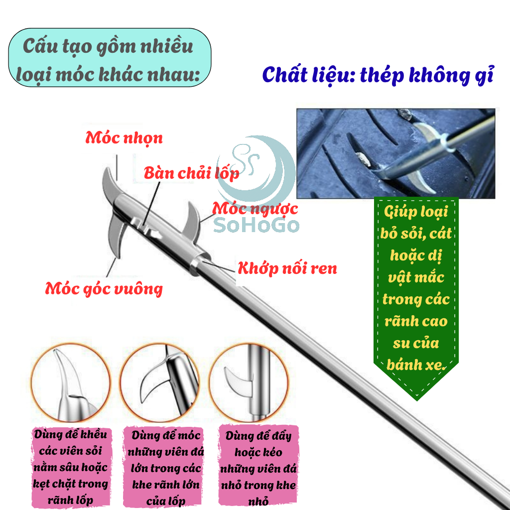 Cây Móc Làm Sạch Rãnh Lốp Ô Tô -Dụng Cụ Gỡ Sỏi Lốp Xe Inox Cao Cấp -Móc Vệ Sinh Rãnh Lốp Ô Tô Tiện Lợi