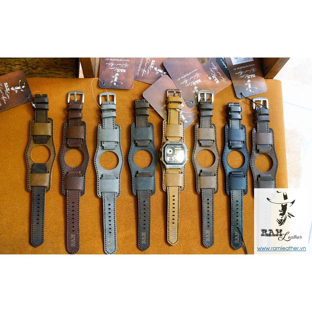 (MUA 1 ĐƯỢC 5)DÂY ĐỒNG HỒ DA BÒ THẬT RAM BUNDTRAP B2+MÀI NHÁM-CHÍNH HÃNG RAM LEATHER-ĐỦ SIZE 18,20,CASIO,APPLE WATCH