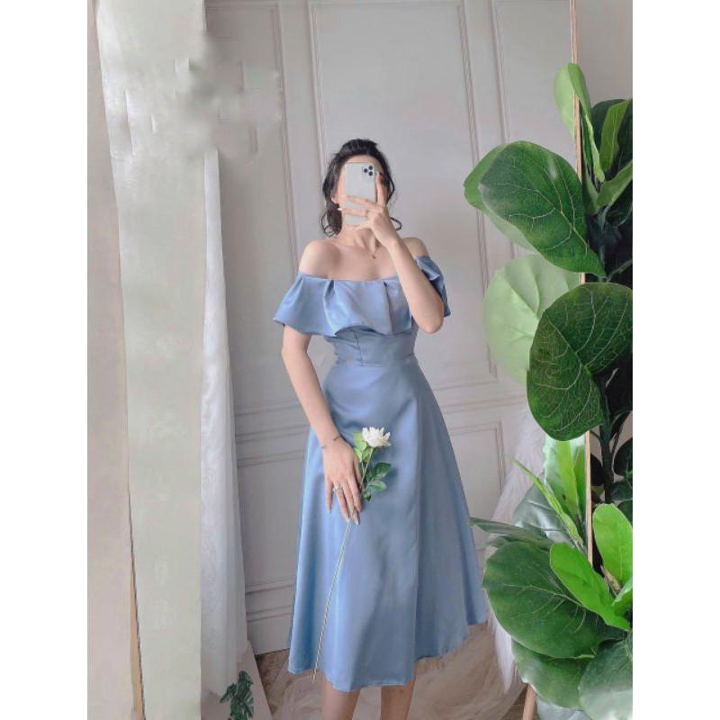 Đầm váy nữ xòe bẹt vai bèo có 3 màu TKN